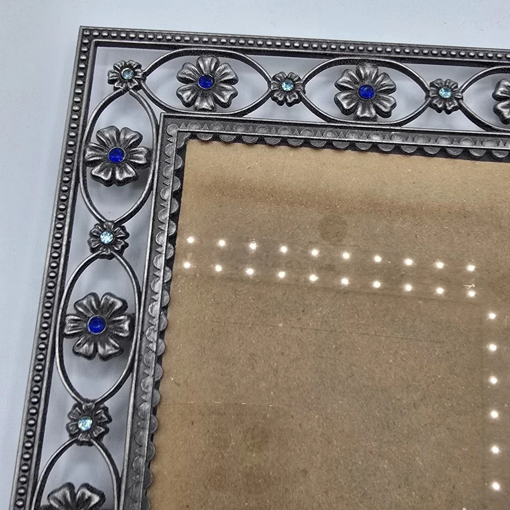 Heirloom Silvertone Floral Blue Jewel Design Photo Picture Frame Vtg